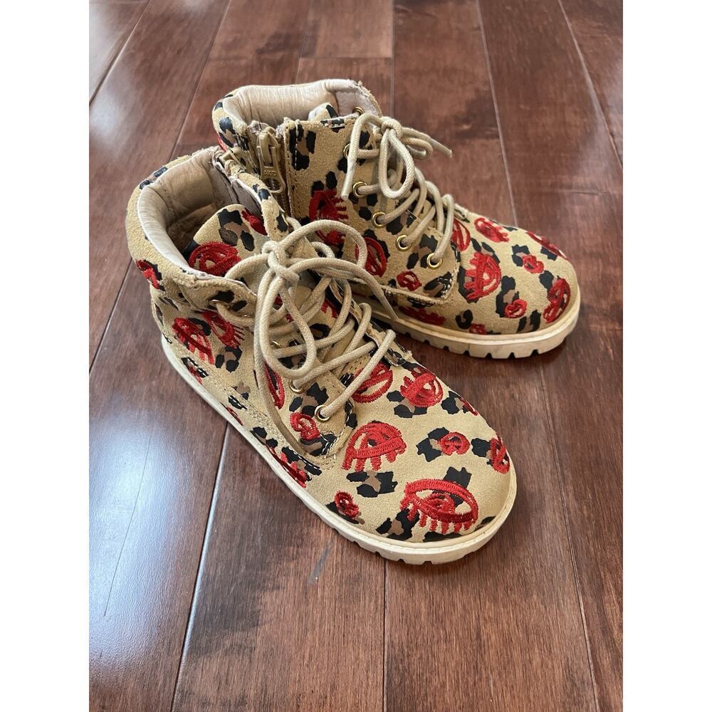 AKID Leather Embroidered Eye & Lips Boots Size US 12 Tan Red Mint Condition
